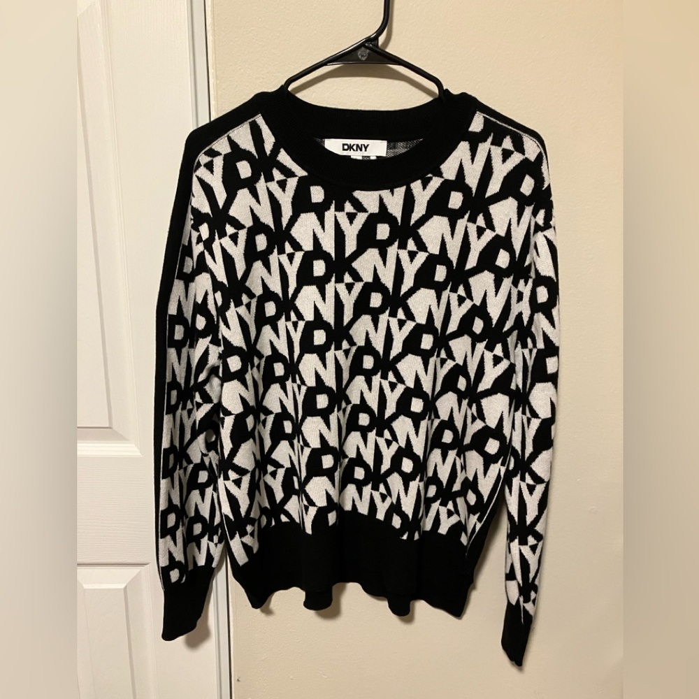 DKNY Black and White Crew Neck Sweater with Geometric Pattern
